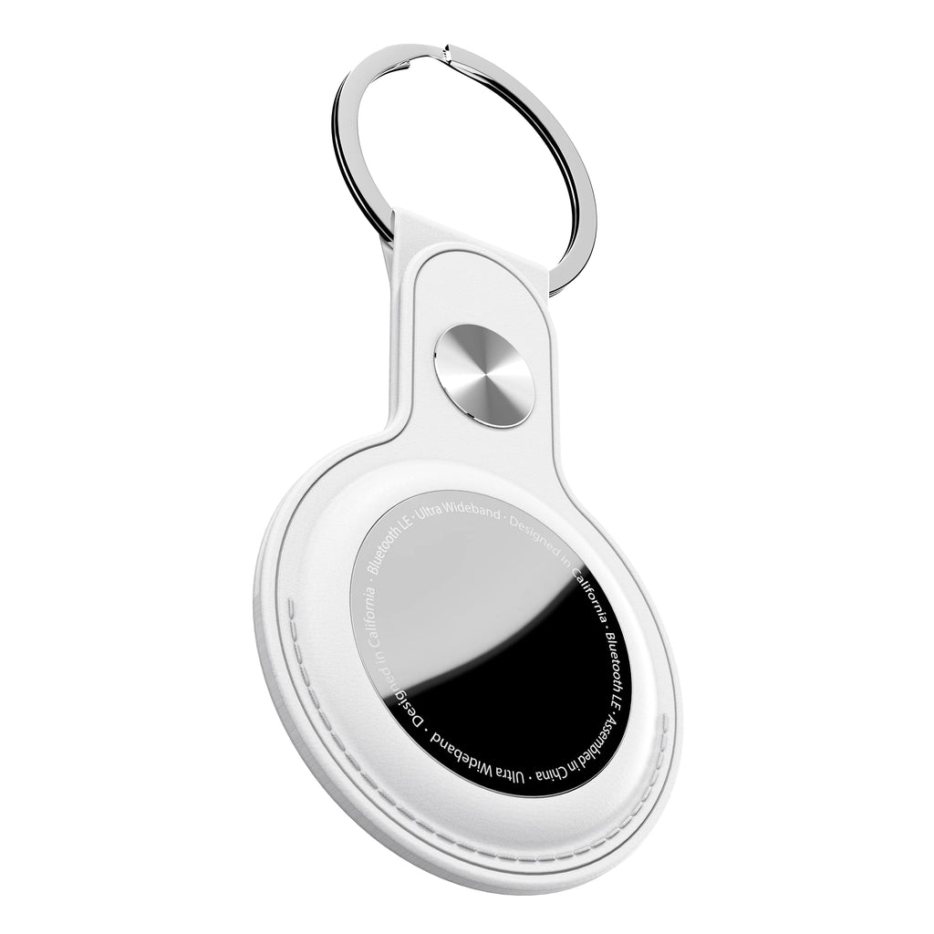 KeyBudz Snap Ring Leather Case Compatible with Apple AirTag (White, 1-Pack)