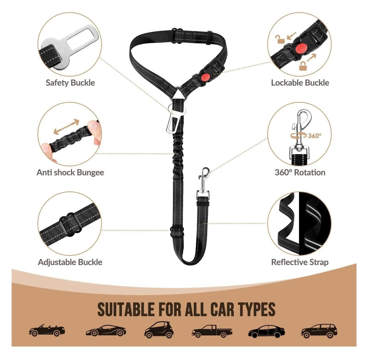 Adjustable Reflective Dog Car Seat Belt with Bungee