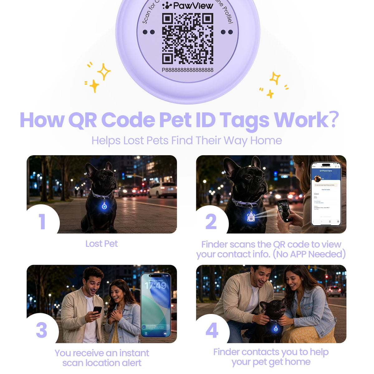 2-Pack USB-C LED Dog Safety Lights with QR Code ID