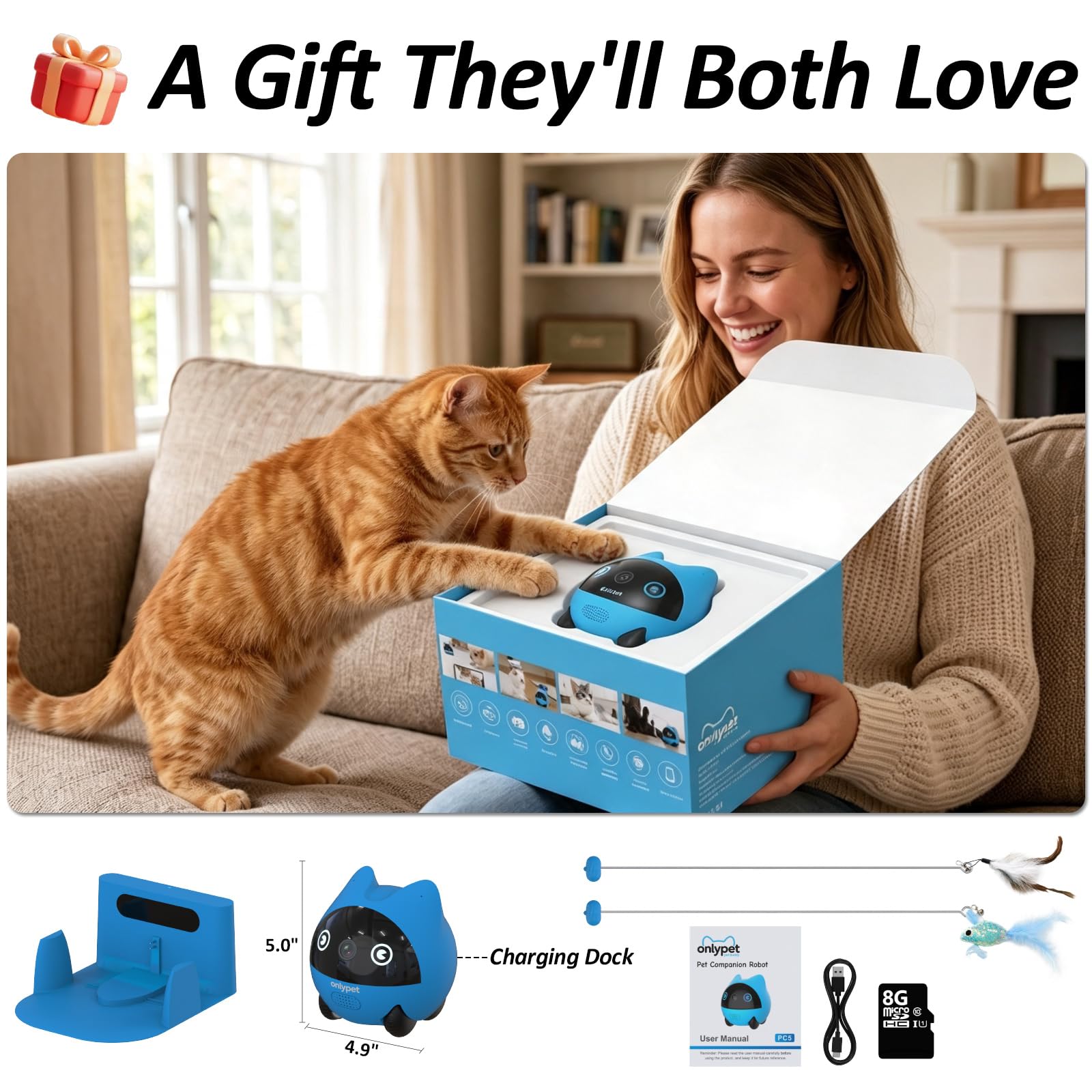 onlypet Pet Camera Robot, 2K Pet Camera Indoor with Phone App for Cat & Dog
