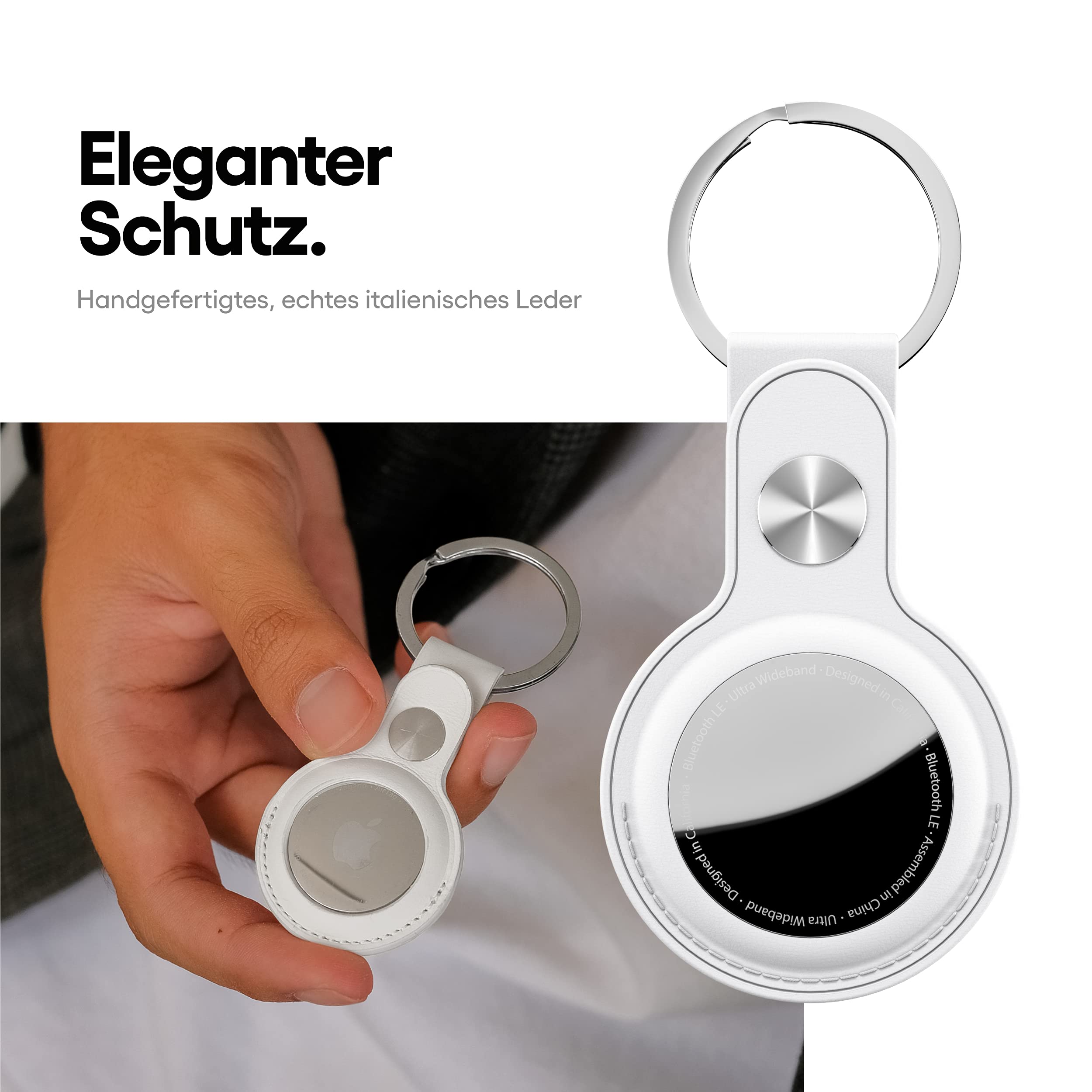 KeyBudz Snap Ring Leather Case Compatible with Apple AirTag (White, 1-Pack)