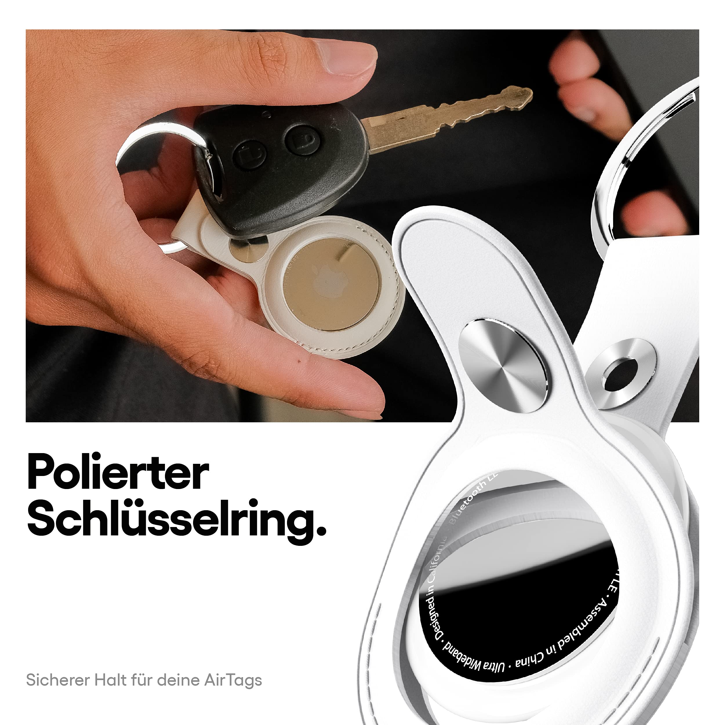 KeyBudz Snap Ring Leather Case Compatible with Apple AirTag (White, 1-Pack)