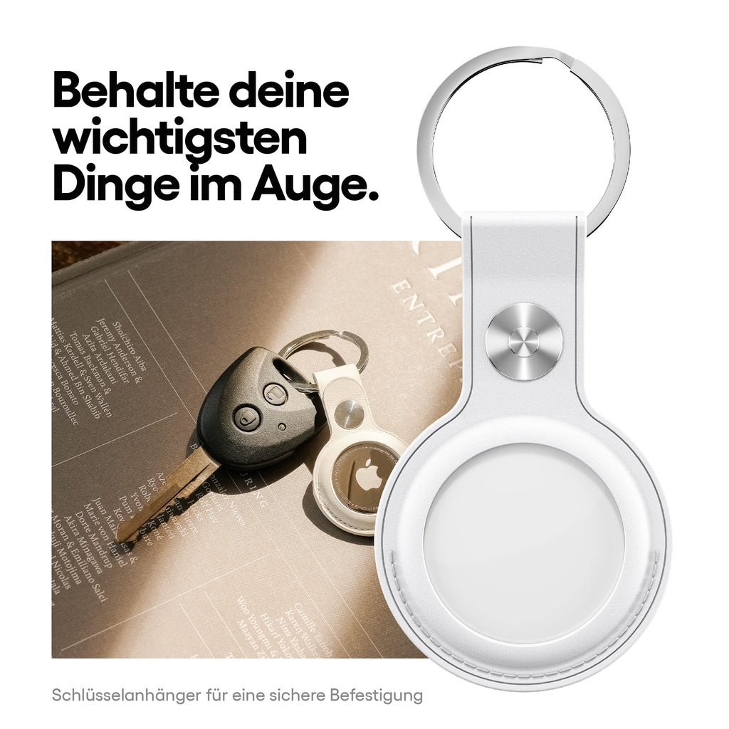 KeyBudz Snap Ring Leather Case Compatible with Apple AirTag (White, 1-Pack)